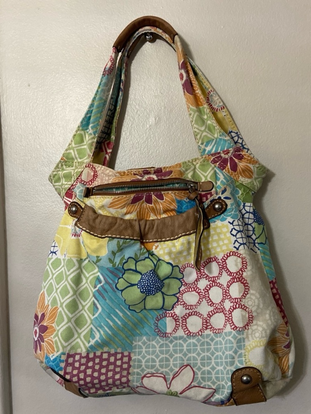 Fossil Multicolor Floral Patchwork Shoulder Bag with Brown Trim